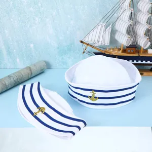 Classic white and blue striped sailor hat with gold anchor badge for party and cosplay events.