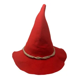 Sombrero de bruja de fieltro rojo con cuerda de yute disfraz de Halloween mago punti