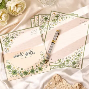 Elegant clover stationery set with envelopes and lined paper for romantic love letters.