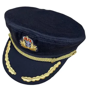 Men's navy blue military cap admiral captain hat with gold embroidery and decorative cord.