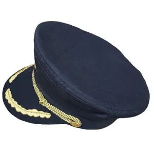 Navy blue captain hat with gold embroidery and decorative twisted rope for men stylish.