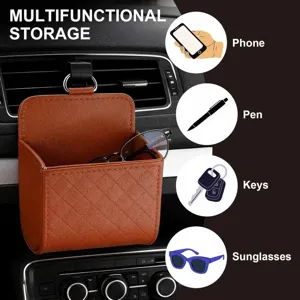 Car air vent storage bag detail showing multi-functional organizer for phone, keys and glasses.