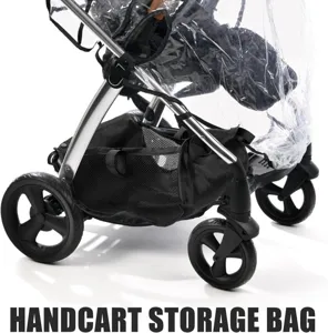 Detailed view of the black stroller storage bag with mesh pocket and sturdy hanging straps.