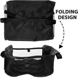Universal stroller storage bag, bottom mesh basket for baby pram, black hanging folding organizer.