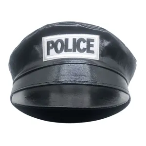 Detail view of black PU leather police costume hat with embroidered POLICE patch for cosplay party.