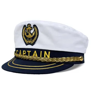 Gorra de capitan clasica blanca y azul con bordado dorado de ancla para disfraz de fiesta