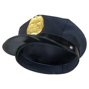 Blue police costume hat with gold badge and black shiny brim for Halloween party wear.