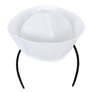Mini white sailor hat headband detail shot, perfect for funny festival party pet dress up.