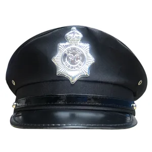 Gorra de policía negra con placa plateada, gorra clásica con visera para fiestas y cosplay.