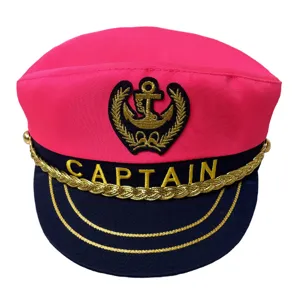 Sombrero marinero rosa de poliéster, gorra de capitán con bordado de ancla dorada y visera elegante.
