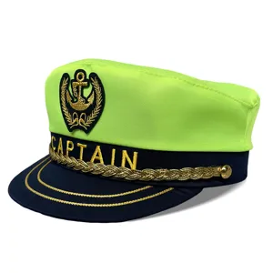 Gorra de capitán amarillo neón y azul marino con bordado de ancla dorada para fiestas.