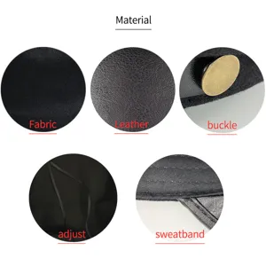 Detailed view of black women's cap showing fabric, leather, buckle and sweatband.
