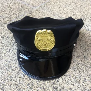 Black police hat for costume role play, classic uniform cap with shiny visor for party.