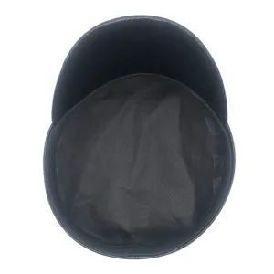 Black PU leather anime cosplay military cap with mesh lining and solid brim details.