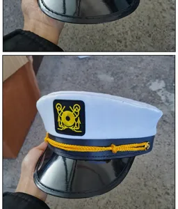 White captain hat with black brim and gold rope embroidery for adult party cosplay