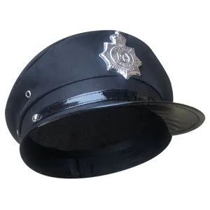 Gorra de policía negra disfraz con visera y insignia plateada para fiestas cosplay.