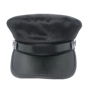 Black women captain hat flat top military cap front view showing leather visor and buttons