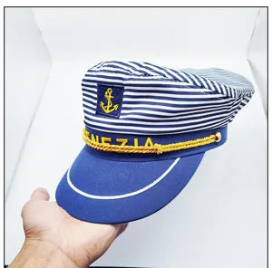 Blue white striped sailor hat with gold rope and anchor badge for women fashion style