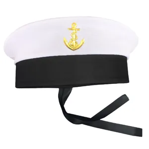 Sombrero de marinero blanco con cinta negra e insignia de ancla dorada para fiestas de disfraces.