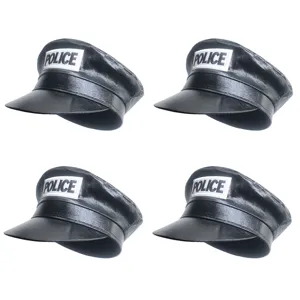 Black PU leather police hat costume accessory for anime cosplay, cool street style performance cap.