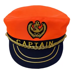 Gorra de capitán naranja y azul con logotipo de ancla bordado y texto para fiesta de disfraces.