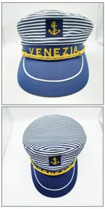 Blue and white striped sailor hat with gold anchor embroidery and stylish cap design.
