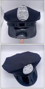 Black adult police costume hat with silver eagle badge and shiny patent leather brim detail.