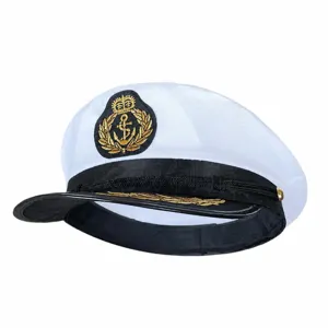 Weisse Kapitaensmuetze mit Goldstickerei Ankerabzeichen, Vintage Militaer Offizier Muetze.