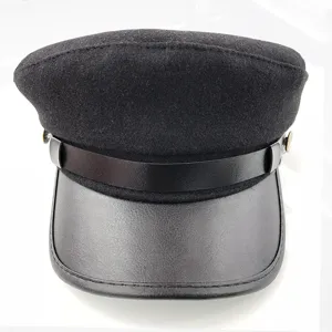 Black wool military cap with leather visor, detailed close-up shot of retro cadet hat style.