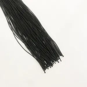 Close-up detail view of black graduation cap tassel, showing fine fiber string texture.