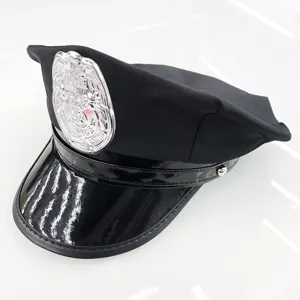 Black police costume hat with shiny patent leather visor and silver badge for cosplay and party.
