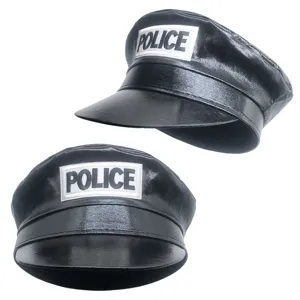 Black PU leather police costume hat, cool cosplay cap for anime parties and stage performance.
