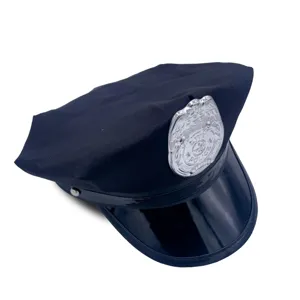 Black police costume hat with shiny visor and silver badge for adult roleplay party.