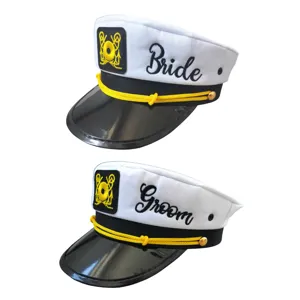 White Cotton Sailor Hat Bride Groom Embroidery Wedding Party Cap Captain Sailor Costume Hat For Bridal Shower