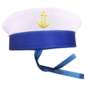 Blue and white sailor hat detail, featuring golden anchor emblem and long ribbons for costume.