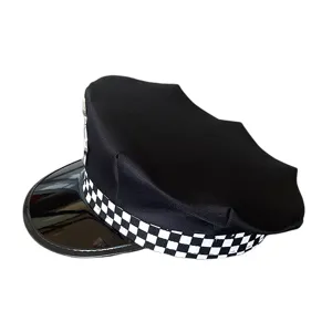 Black police costume hat with checkered band and shiny visor for Halloween party and cosplay.
