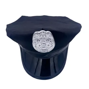 Black police officer hat with silver badge adult costume peaked cap main product view