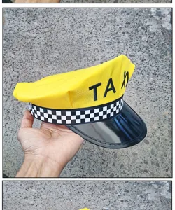 Adult taxi driver hat costume with black and white plaid pattern octagonal cap detail view