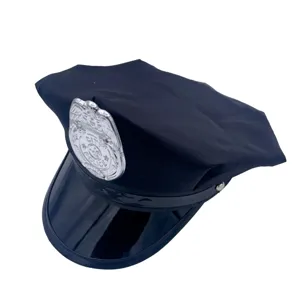 Black police officer hat octagonal peaked cap with silver badge costume accessory.