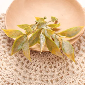 Close-up detail of artificial green and yellow leaves branch on wooden plate for home decor.