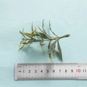 Artificial green plant branch with textured leaves and size ruler detail shot for home decor.