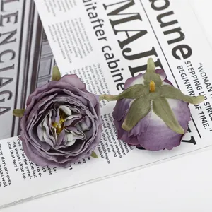 Artificial burnt-edge rose flower heads for wedding decoration, elegant purple fake floral decor.