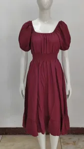 Burgundy square neck short sleeve midi dress with fitted waist and ruffle hem design.