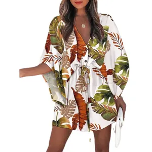 Women Summer Tropical Leaf Print V-Neck Drawstring Beach Dress Casual Cover Up Main