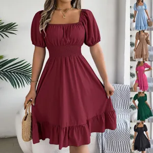 Women's Casual Square Neck Short Sleeve Ruffled A-Line Midi Dress Solid Color High Waist Elegant Summer Party Dress