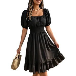 Black square collar short sleeve shirred waist ruffled A-line dress, main model showcase view.
