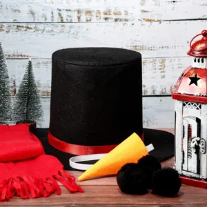 Weihnachten Schneemann Kostüm Set mit schwarzem Zylinder, rotem Schal und Karottennase.