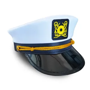 White adult captain hat sailor cap with gold rope and embroidered anchor badge for party.