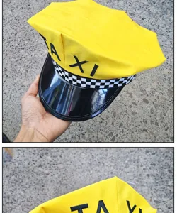 Yellow taxi driver costume hat with black checkerboard pattern and TAXI embroidery for role play.