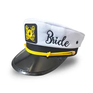 White bride captain hat with anchor embroidery and black visor for bridal party bachelorette
